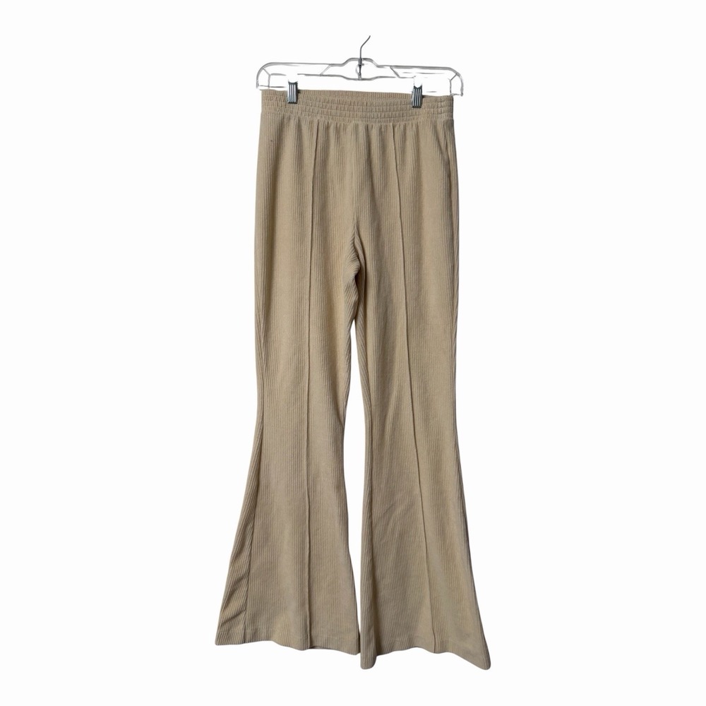 Aerie Ribbed Knit Flare Pants Beige Pull On Stretch Bell Bottom Lounge Boho Pant